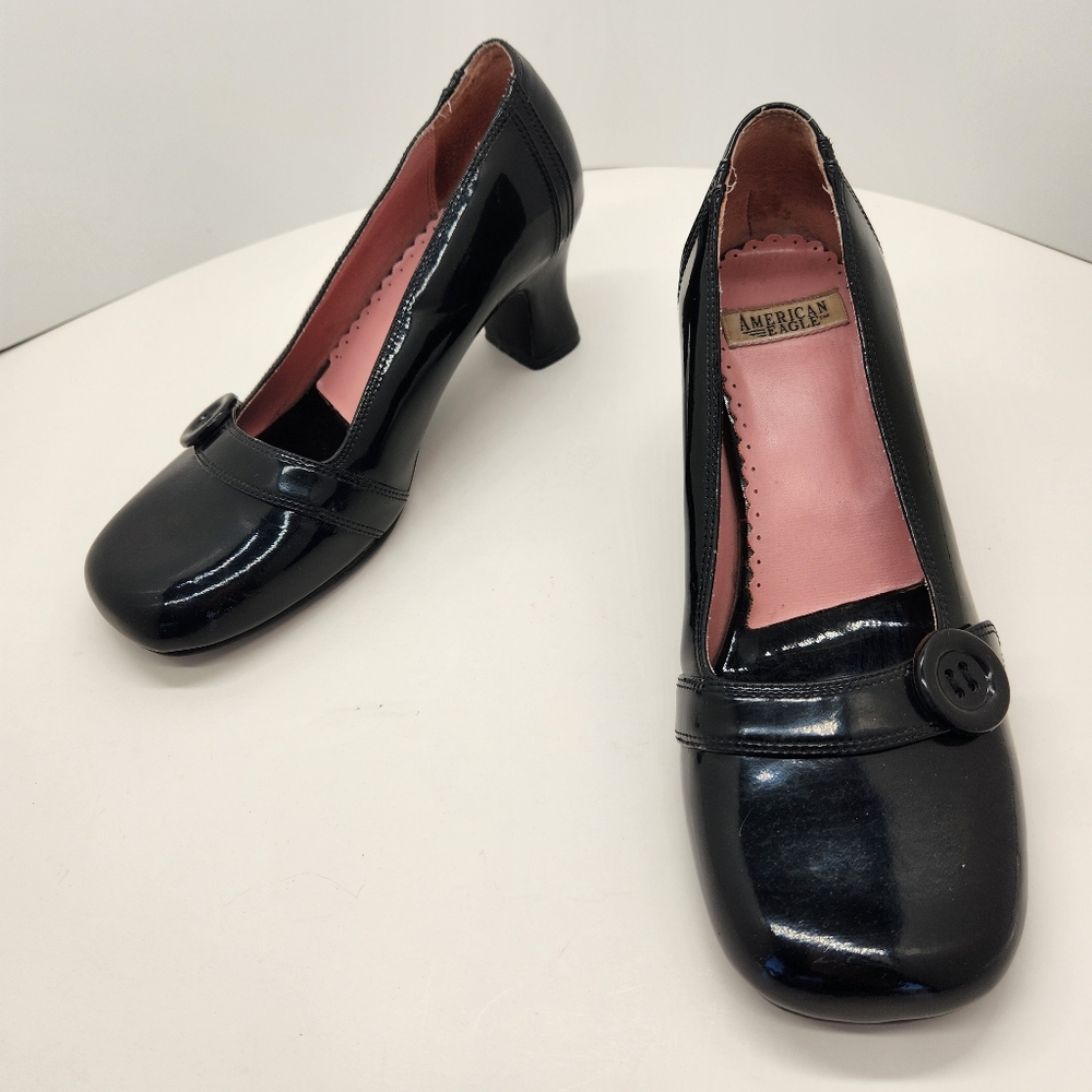 Vintage American Eagle pumps women's 8M black patent leather heel square toe 70s